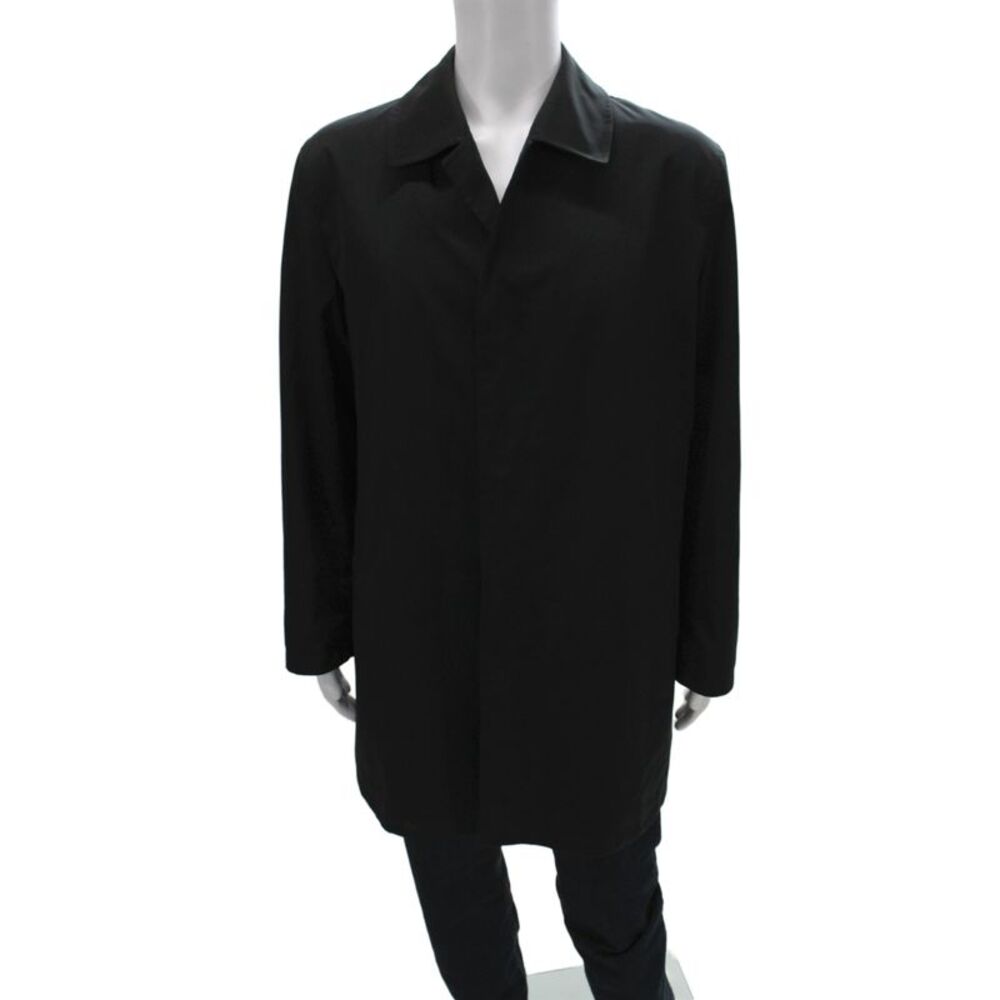 Sanyo Mens Overcoat Raincoat Black Collared Button Solid Polyester Fall Size 40